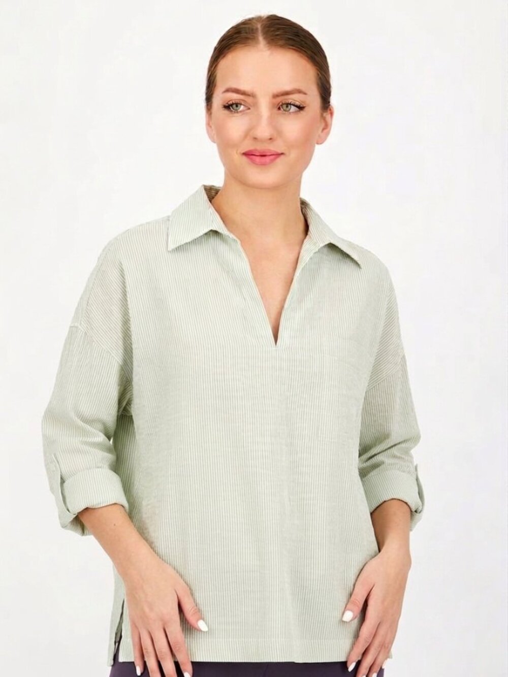 Light Green Striped Collard Shirt